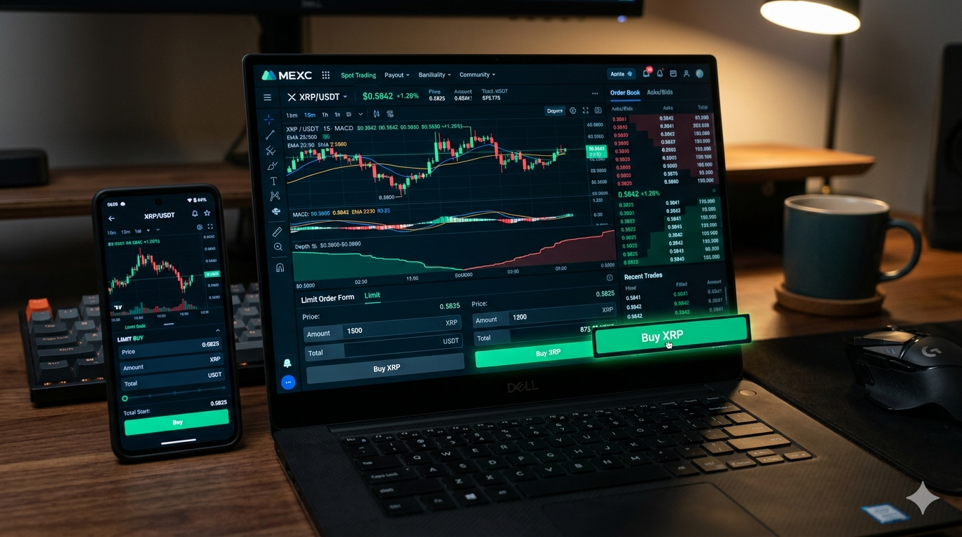 Comprar XRP en MEXC con Limit Order: interfaz spot trading XRP/USDT con 0% comisión maker para estrategia DCA mensual