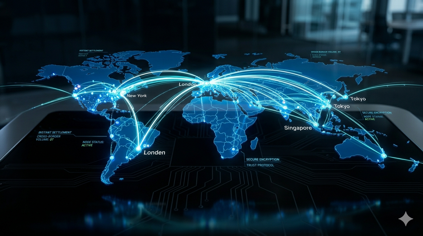 Visualización de RippleNet como red global de pagos instantáneos entre bancos en más de 55 países