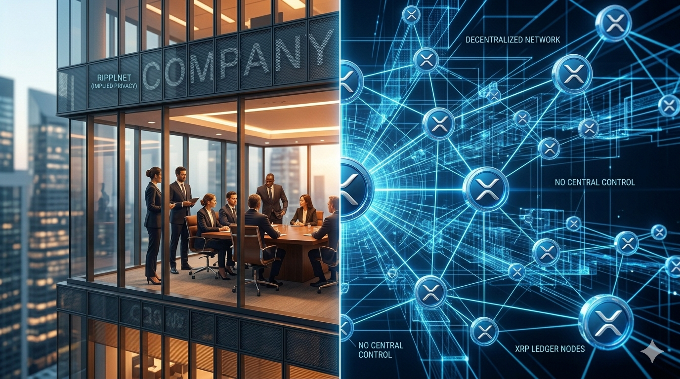 Comparación visual entre Ripple como empresa privada y XRP como criptomoneda descentralizada del XRP Ledger