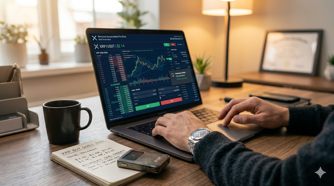Rutina mensual de DCA con XRP: compra en Binance US con Advanced Trading y retiro a wallet D'CENT hardware wallet