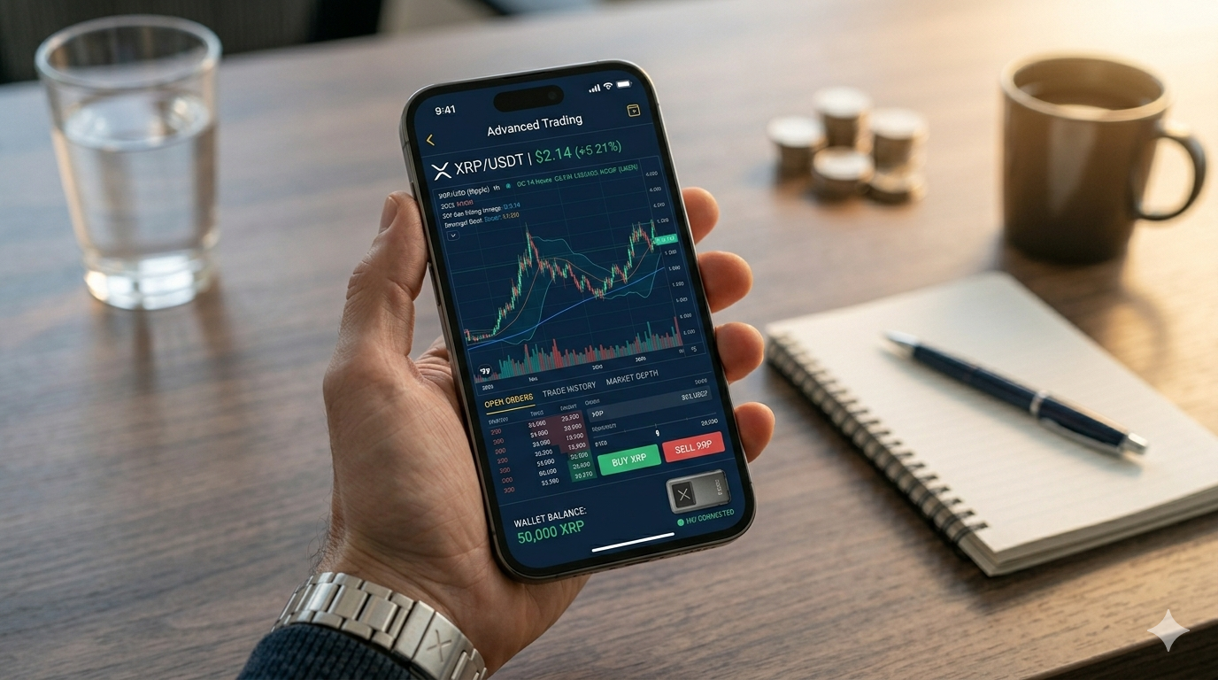 Advanced Trading de Binance US en iPhone: interfaz para comprar XRP con comisiones de 0% usando Limit Orders