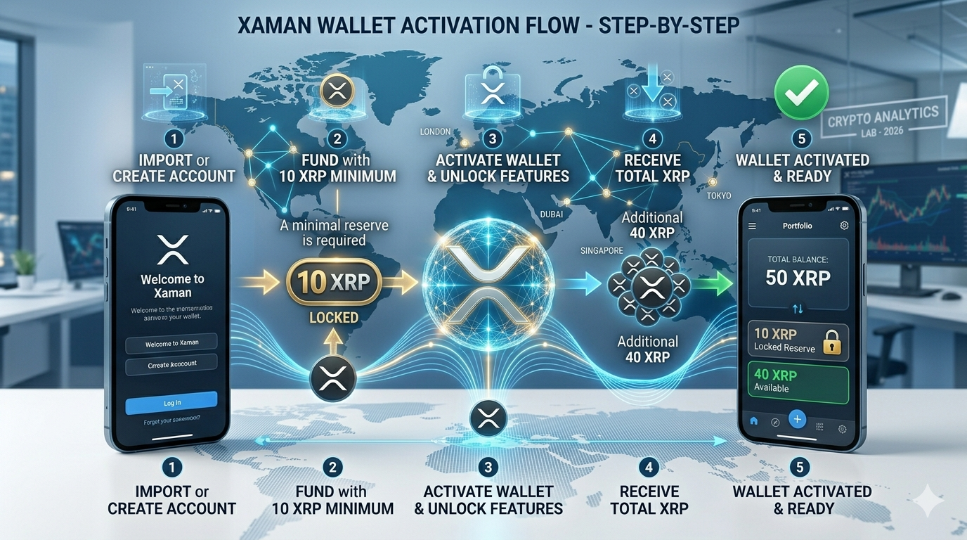 Proceso de activación de wallet XRP: los 10 XRP de reserva quedan bloqueados y el resto del saldo queda disponible