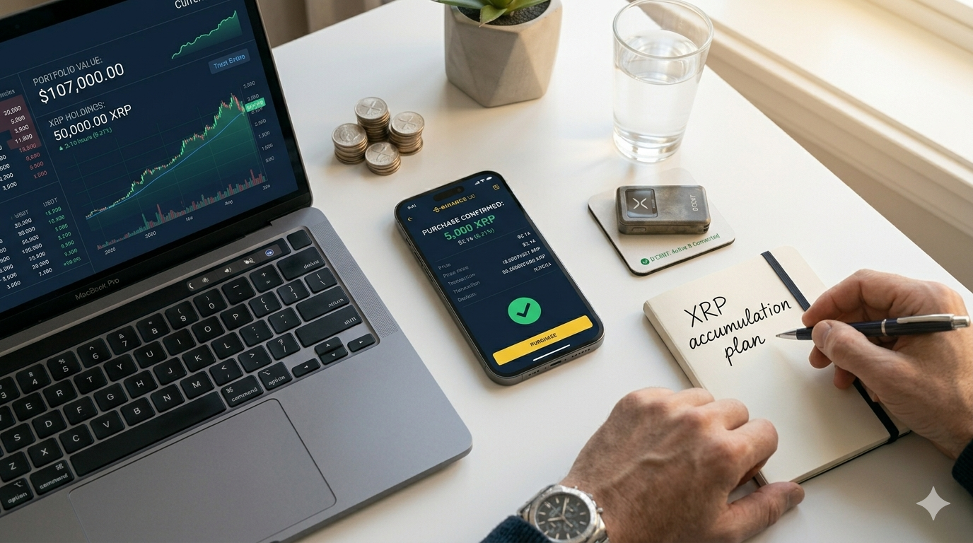Cómo comprar XRP en 2026: exchange Binance US en iPhone junto a hardware wallet D'CENT para guardar XRP de forma segura