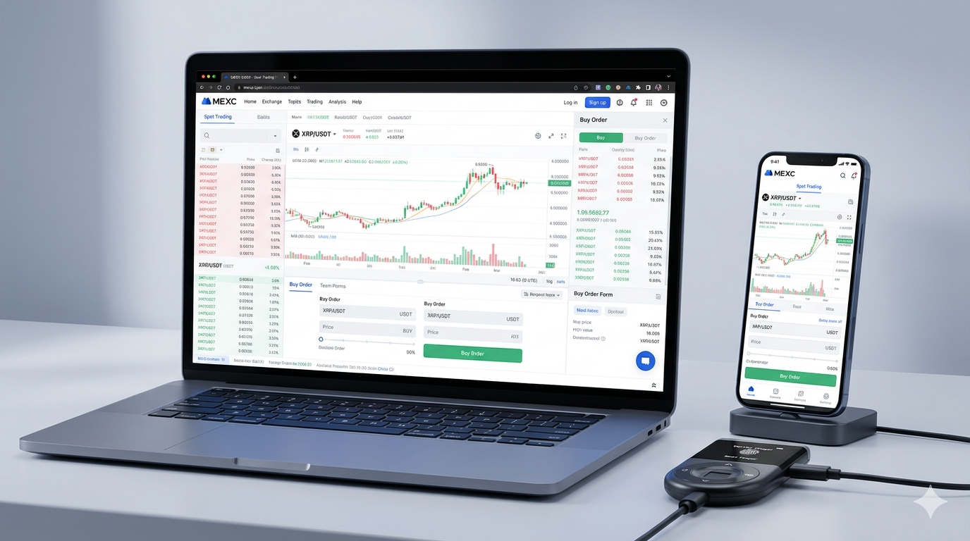 Cómo comprar XRP en MEXC: interfaz de spot trading con par XRP/USDT y proceso de compra y retiro a wallet personal