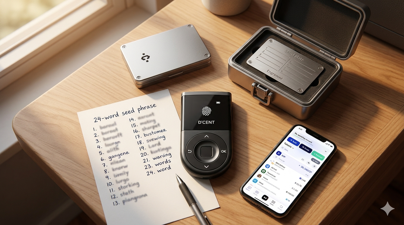 Mejores prácticas para guardar XRP de forma segura: seed phrase en papel, hardware wallet D'CENT y backup en lugar seguro