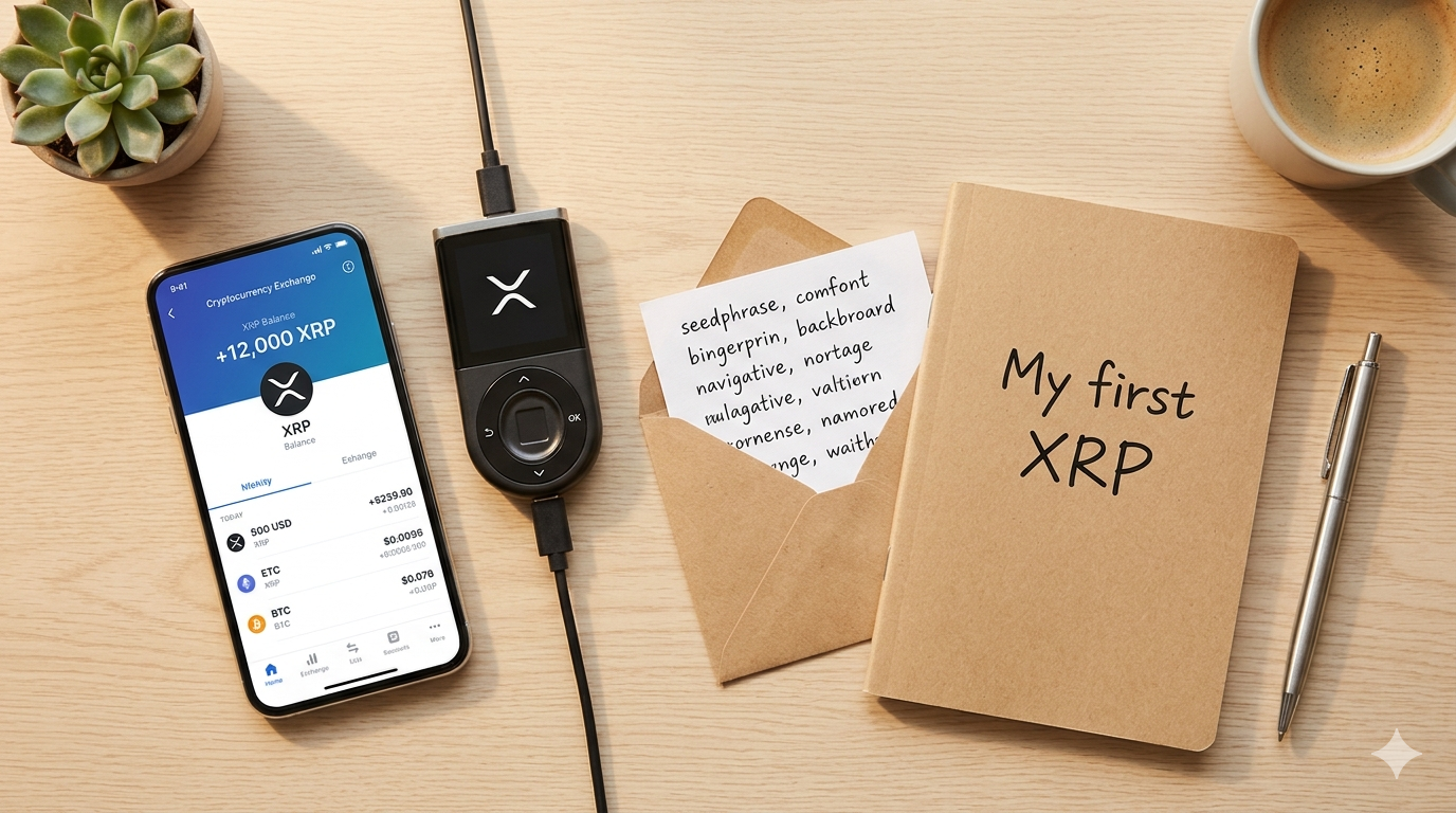 Guardar XRP de forma segura después de comprarlo: transferir del exchange a hardware wallet D'CENT y guardar seed phrase en papel
