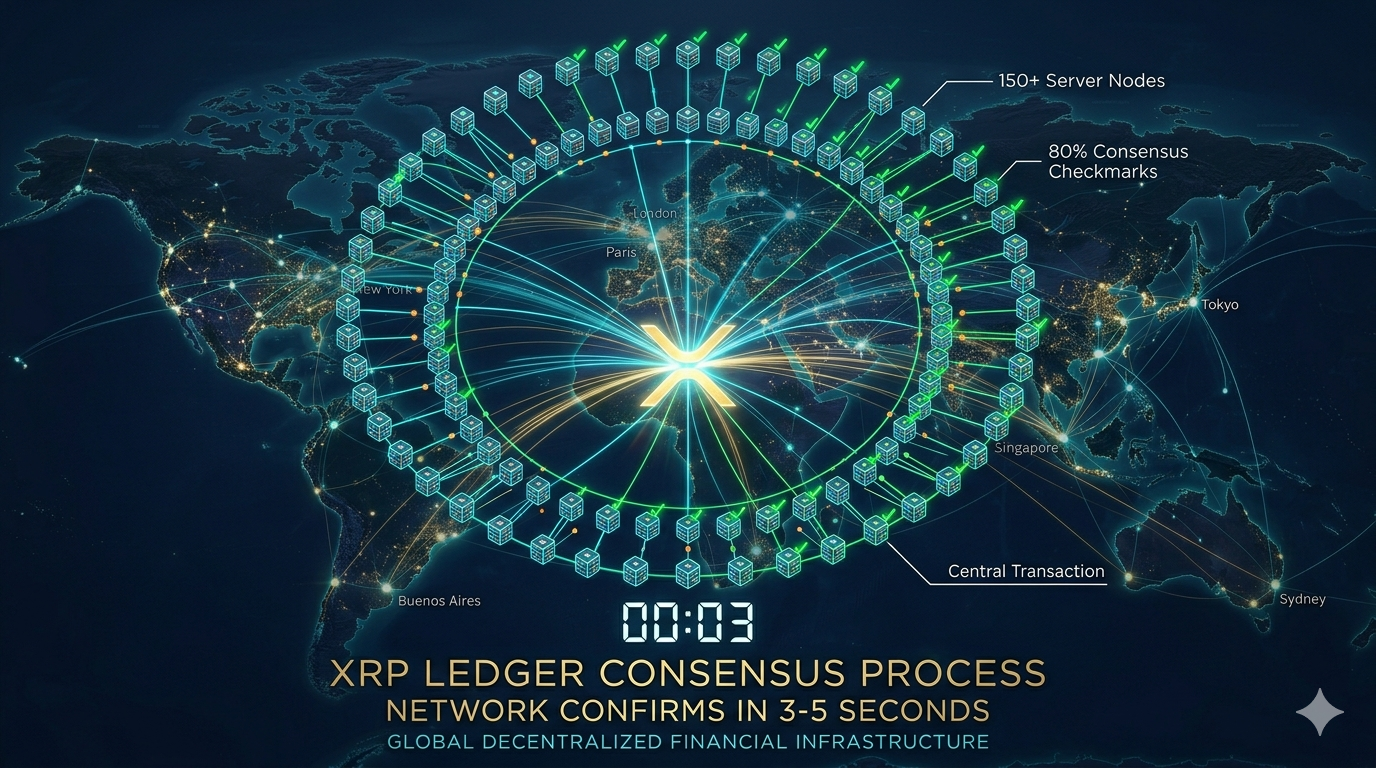Cómo funciona el consenso del XRP Ledger: 150+ validadores independientes alcanzan 80% de acuerdo en 3-5 segundos sin minería