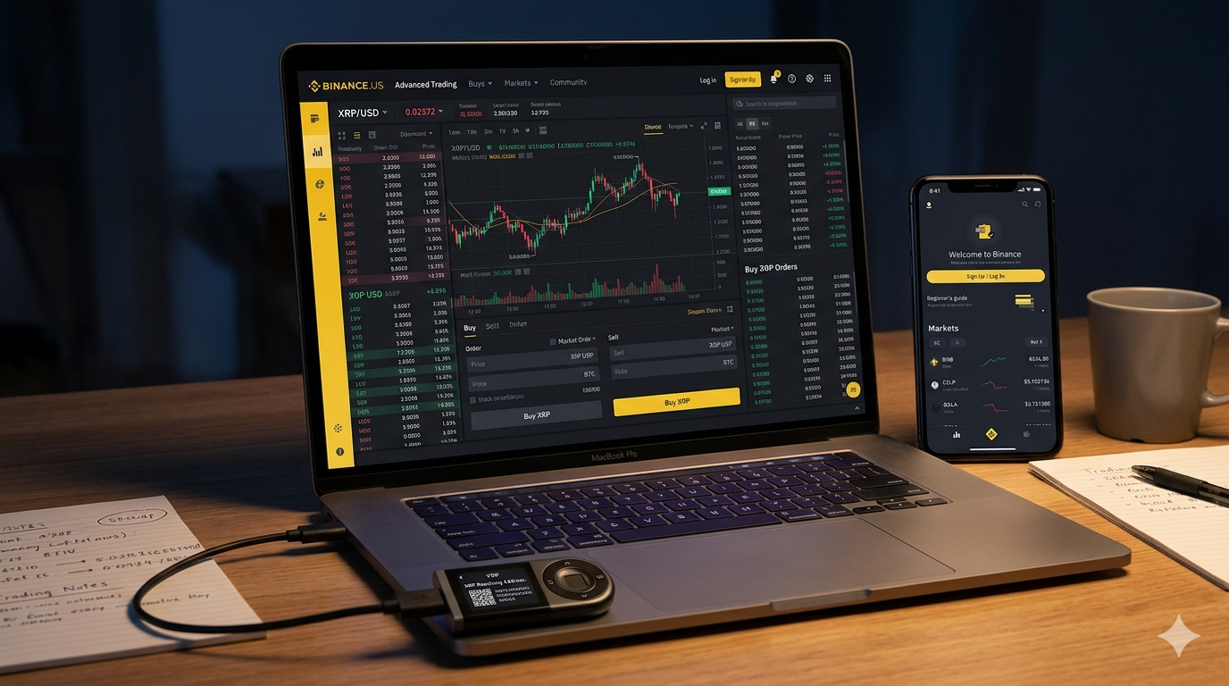 Cómo comprar XRP en Binance US: interfaz Advanced Trading con par XRP/USD, comisiones 0% maker y proceso de retiro a hardware wallet
