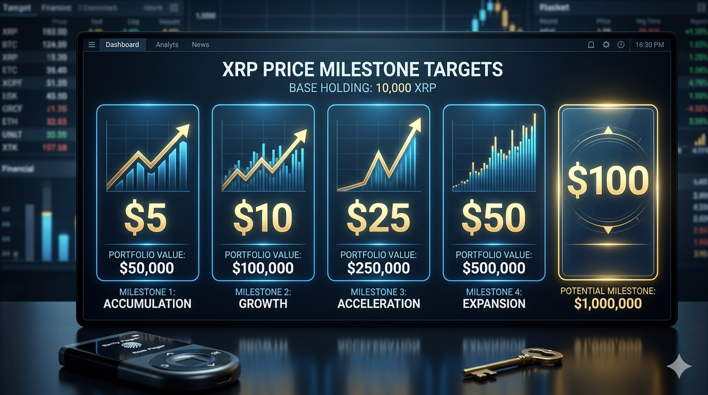 Tabla de cuánto vale tu XRP según el precio futuro: escenarios de $5 a $100 por XRP con 1,000, 5,000 y 10,000 unidades acumuladas