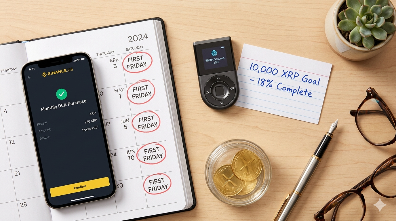 Plan de acción para acumular XRP: exchange Binance US, día fijo de compra DCA mensual, retiro a hardware wallet y meta de 10,000 XRP