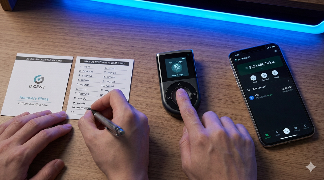 Configurar D'CENT Wallet XRP paso a paso: PIN, frase de recuperación 24 palabras, registro de huella dactilar y conexión Bluetooth con app móvil