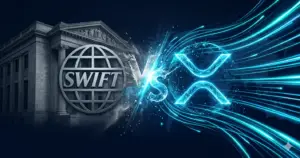 XRP vs SWIFT: comparación visual entre el sistema bancario tradicional SWIFT y la tecnología blockchain de Ripple XRP para pagos internacionales