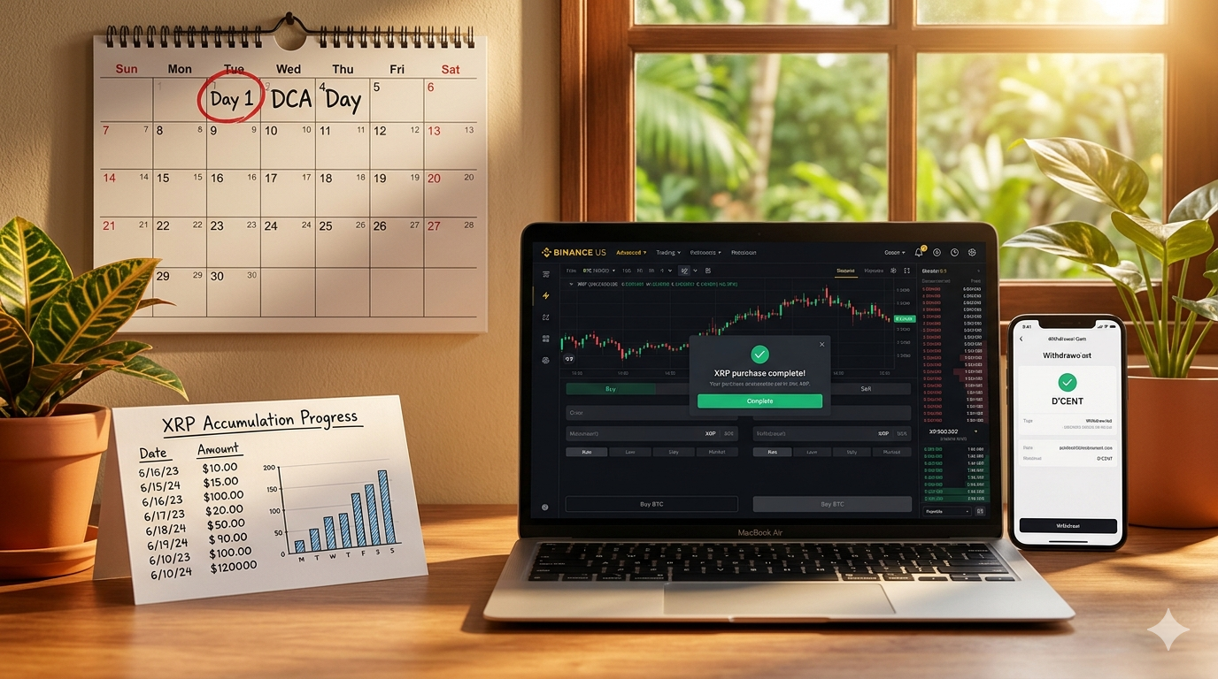 Rutina DCA mensual en Binance US: compra el día 1 del mes con Advanced Trading y retiro inmediato a D'CENT hardware wallet desde Puerto Rico
