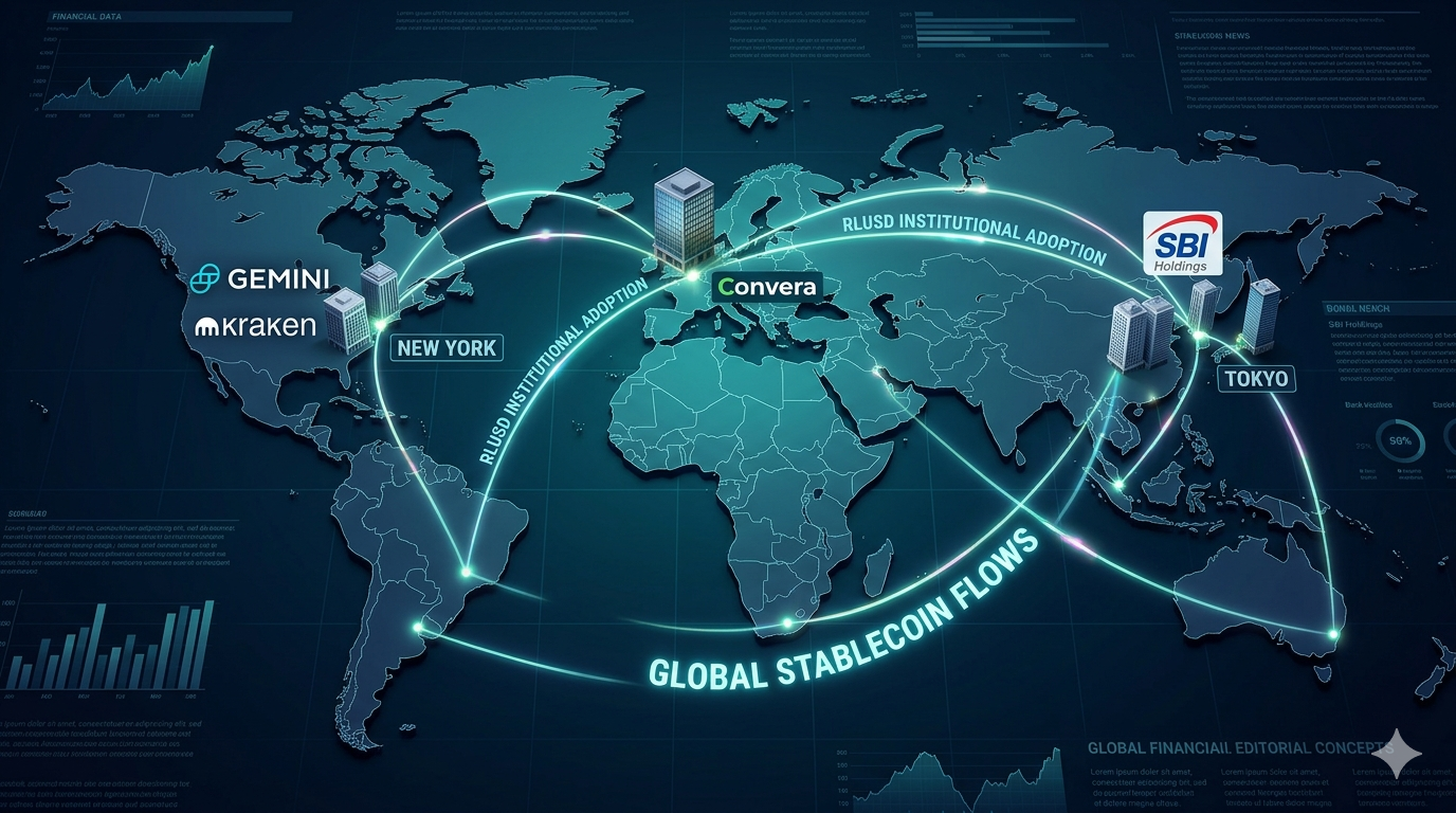 Adopción institucional de RLUSD en 2026: Gemini, Kraken, Bitstamp, SBI Holdings Japón, expansión en África con Chipper Cash y VALR
