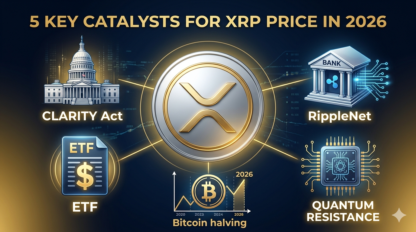 5 factores que determinarán la predicción precio XRP 2026: CLARITY Act, ETFs spot, expansión RippleNet ODL, ciclo halving Bitcoin y preparación cuántica XRPL