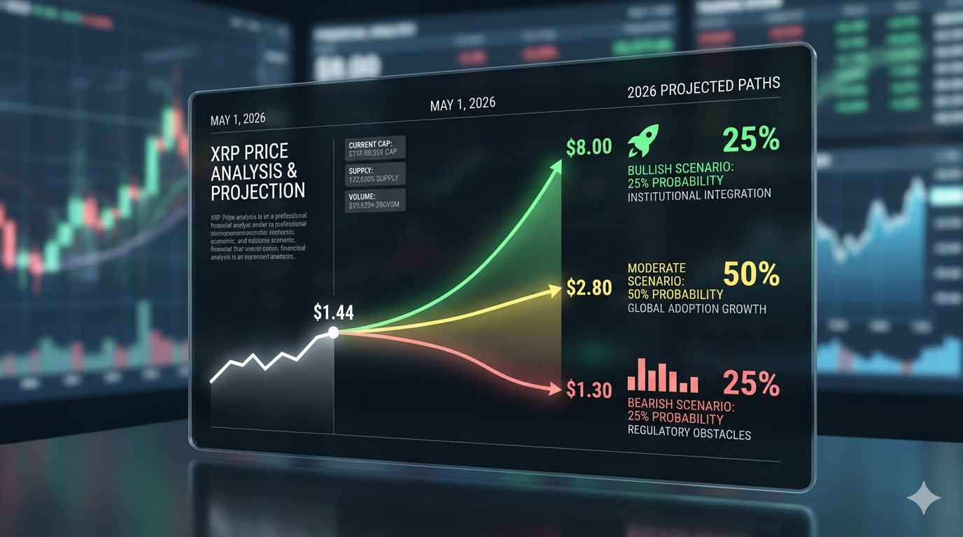 Tres escenarios predicción precio XRP 2026: bajista $0.75-$1.30 (25%), moderado $2.00-$3.50 (50%) y alcista $5.00-$8.00 (25%) con sus catalizadores