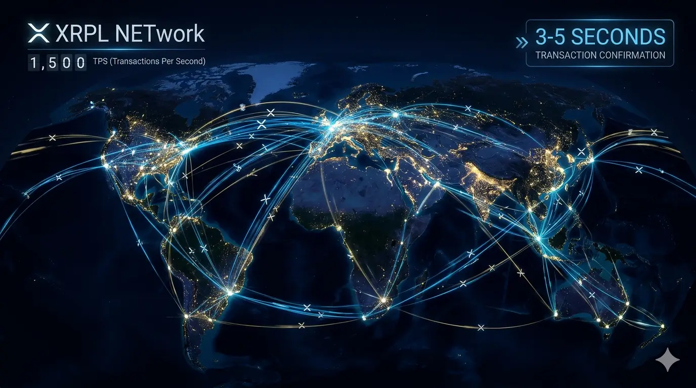 XRP Ledger qué es: blockchain pública descentralizada desde 2012 con 1,500 transacciones por segundo, liquidación en 3-5 segundos y consumo energético mínimo