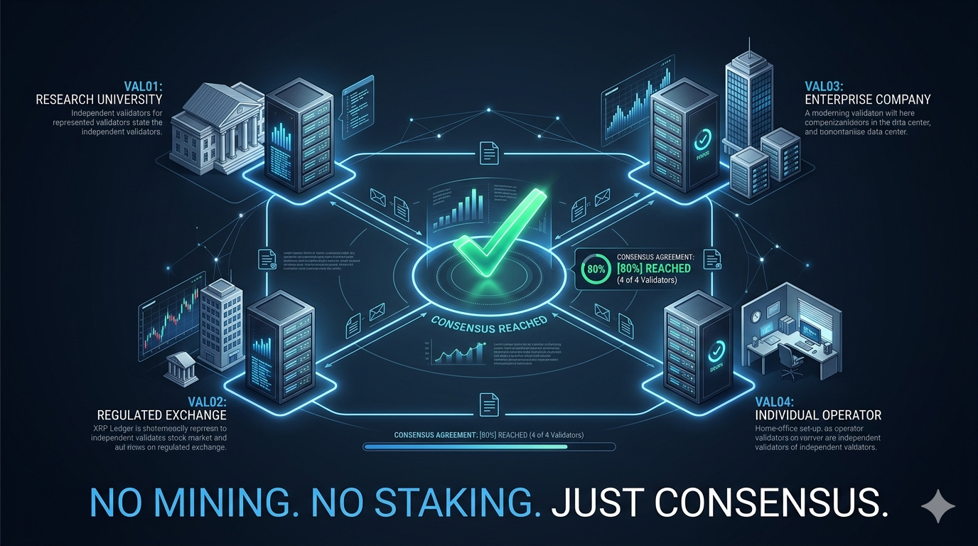 Protocolo de Consenso Federado del XRP Ledger: 120+ validadores independientes sin minería ni staking logran acuerdo del 80% en 3-5 segundos