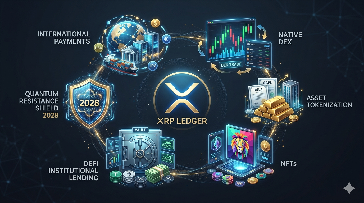 Casos de uso XRP Ledger 2026: pagos internacionales, DEX nativo, tokenización de activos, NFTs, DeFi institucional y roadmap resistencia cuántica 2028