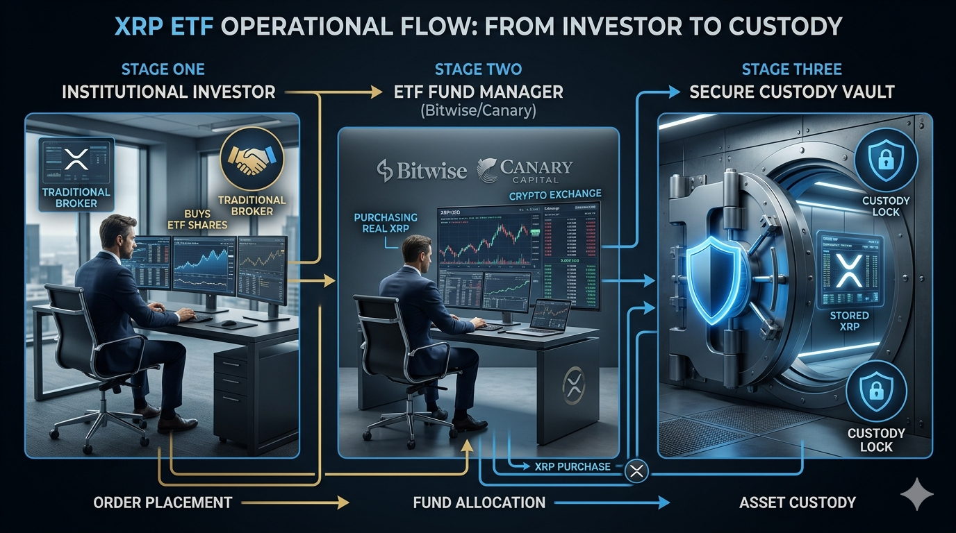 Cómo funciona un ETF de XRP: el inversor compra participaciones, el fondo compra XRP real en mercado spot, el XRP queda bajo custodia generando demanda real