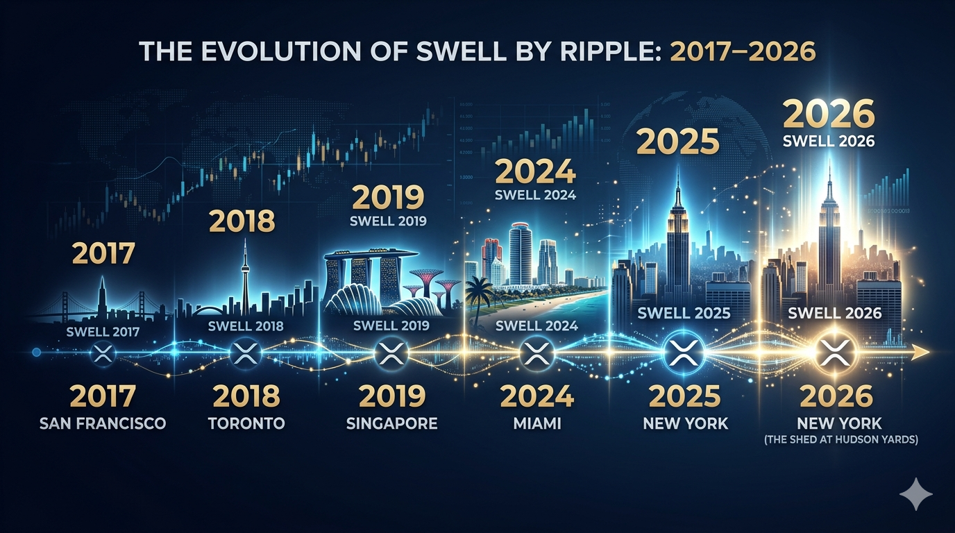 Historia de Swell Ripple 2017 a 2026: de San Francisco a Nueva York — evolución del evento más importante del ecosistema XRP con partnerships institucionales cada año