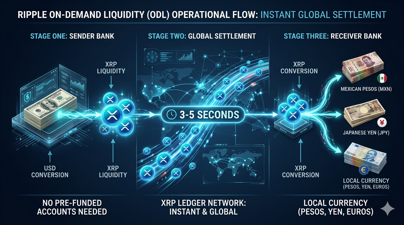 On-Demand Liquidity Ripple ODL: cómo funciona el proceso de conversión USD a XRP, transferencia por XRP Ledger en 3-5 segundos y conversión a moneda local sin capital pre-fondeado