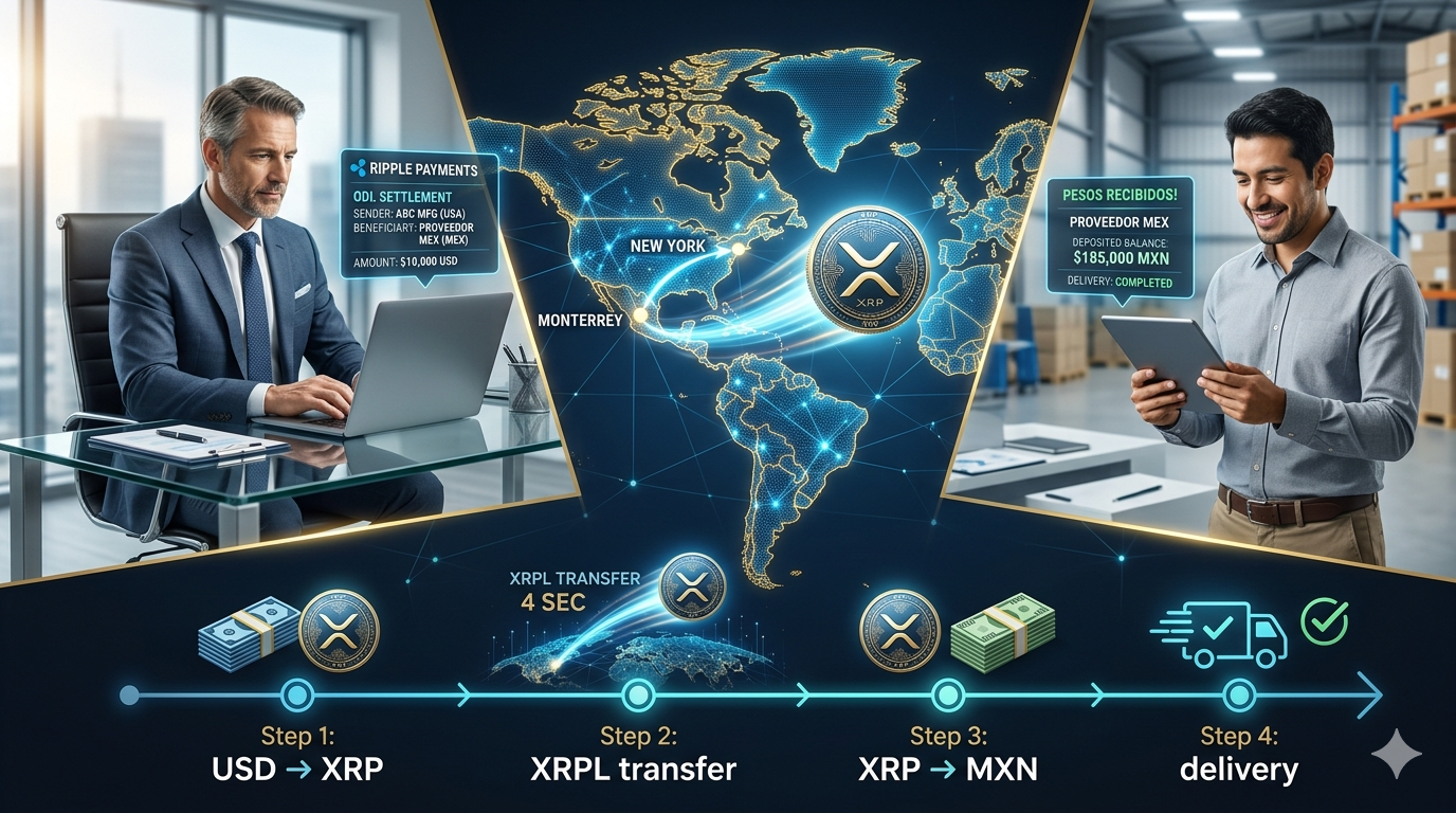 Cómo funciona ODL Ripple paso a paso: empresa en EEUU convierte USD a XRP, transfiere por XRP Ledger en 4 segundos, convierte a pesos mexicanos y entrega al beneficiario