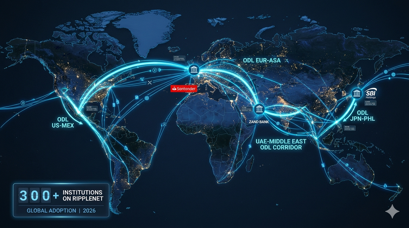 ODL Ripple 2026 adopción institucional: SBI Holdings Japón, Santander, Zand Bank UAE y corredores activos en 40 países con más de 300 instituciones en RippleNet