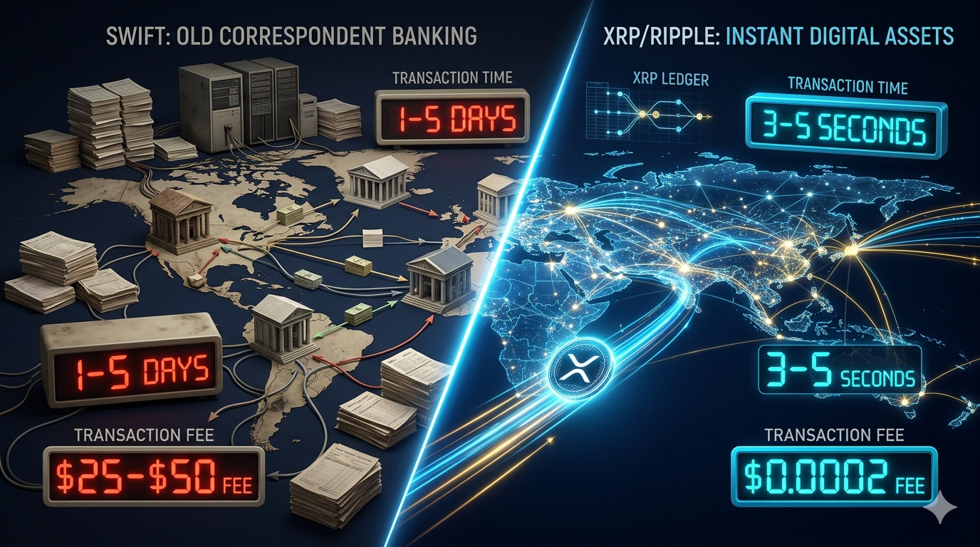 XRP vs SWIFT 2026: comparación de velocidad 3-5 segundos vs 1-5 días, costo $0.0002 vs $25-$50 y 1,500 TPS vs 5-7 TPS — la batalla por los pagos internacionales