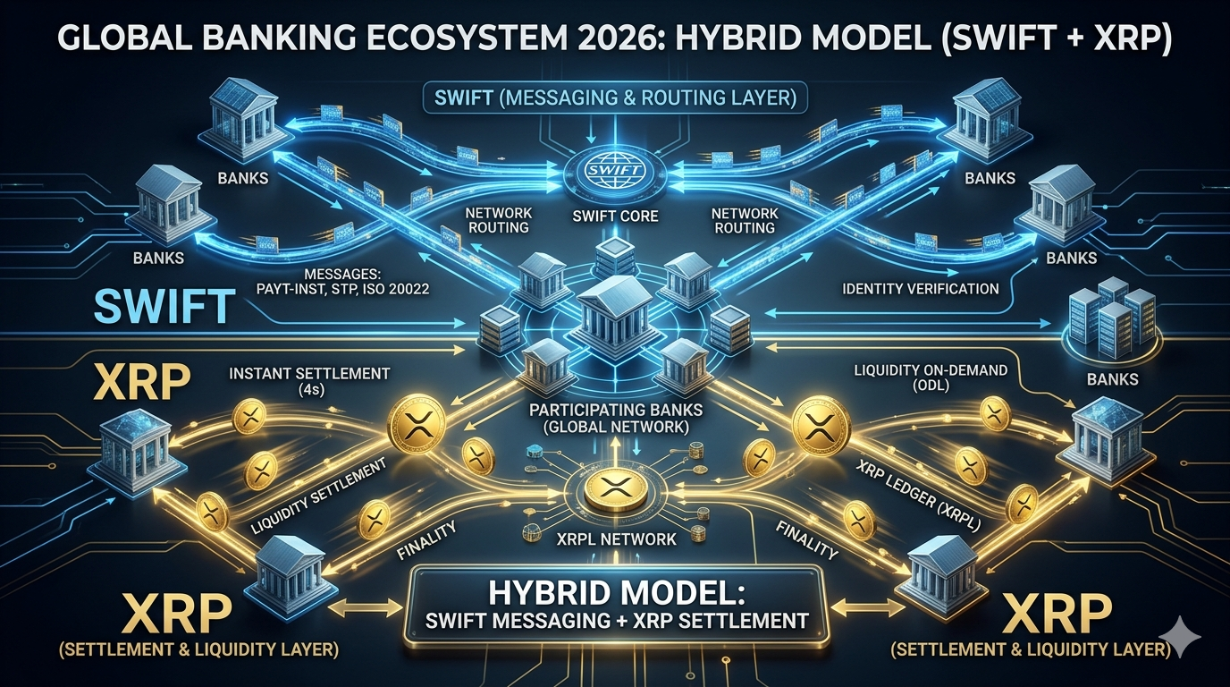 XRP vs SWIFT coexistencia 2026: modelo híbrido con SWIFT para mensajería y XRP ODL para liquidación — SBI Remit y Onafriq reducen costos 40-60% vs SWIFT