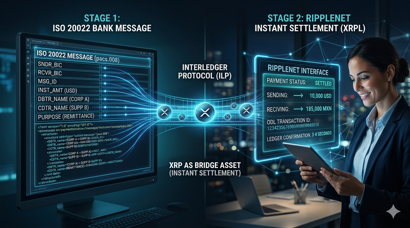 Ripple e ISO 20022: RippleNet compatible con mensajería ISO 20022, Protocolo Interledger aprobado en el marco del estándar y XRP como activo puente en transacciones