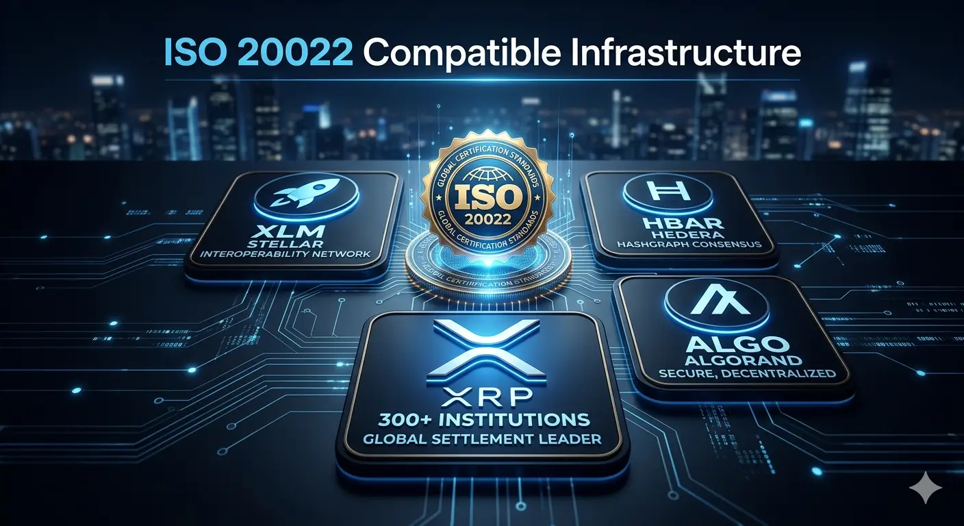Criptomonedas alineadas con ISO 20022: XRP Ripple, XLM Stellar, HBAR Hedera y ALGO Algorand — XRP líder con 300+ instituciones y 55+ corredores activos en 2026