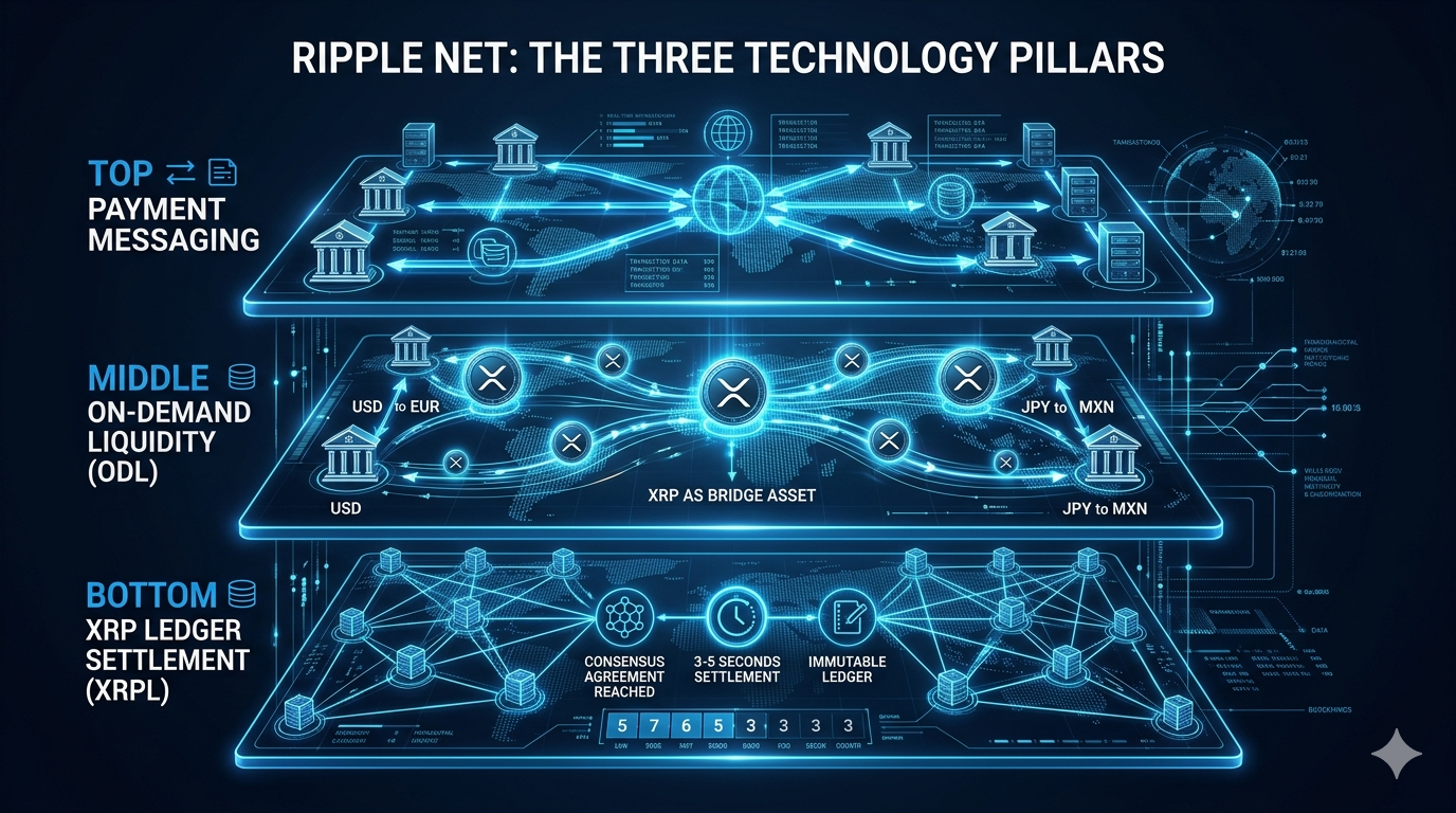 Los 3 pilares tecnológicos de RippleNet: mensajería de pagos en tiempo real, On-Demand Liquidity con XRP como activo puente y liquidación en el XRP Ledger en 3-5 segundos