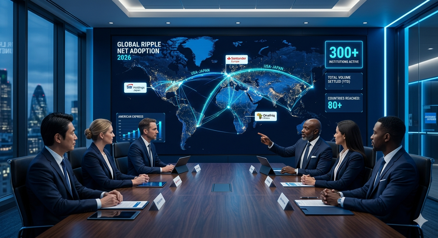Instituciones usando RippleNet en 2026: SBI Holdings Japón, Santander, American Express, Zand Bank UAE y Onafriq África — 40% con ODL activo usando XRP