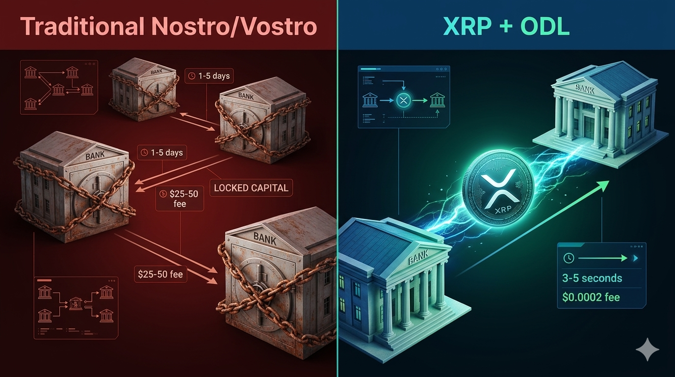 XRP vs sistema nostro vostro: ODL elimina el pre-fondeo convirtiendo moneda local a XRP, transfiriendo en 3-5 segundos y convirtiendo a moneda destino sin capital inmovilizado