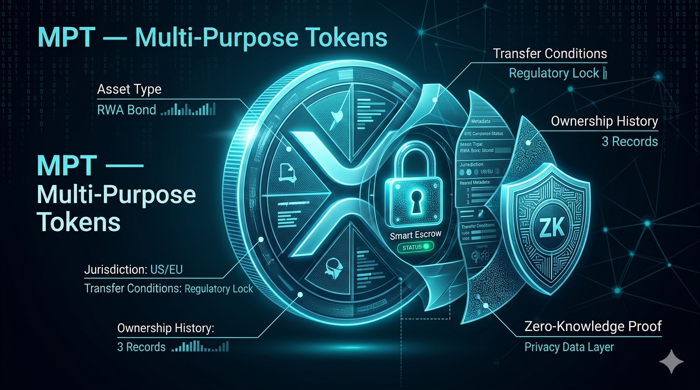 Multi-Purpose Tokens MPT en XRP Ledger: tokens con metadatos integrados para compliance institucional, Smart Escrows, credenciales KYC y Zero-Knowledge Proofs