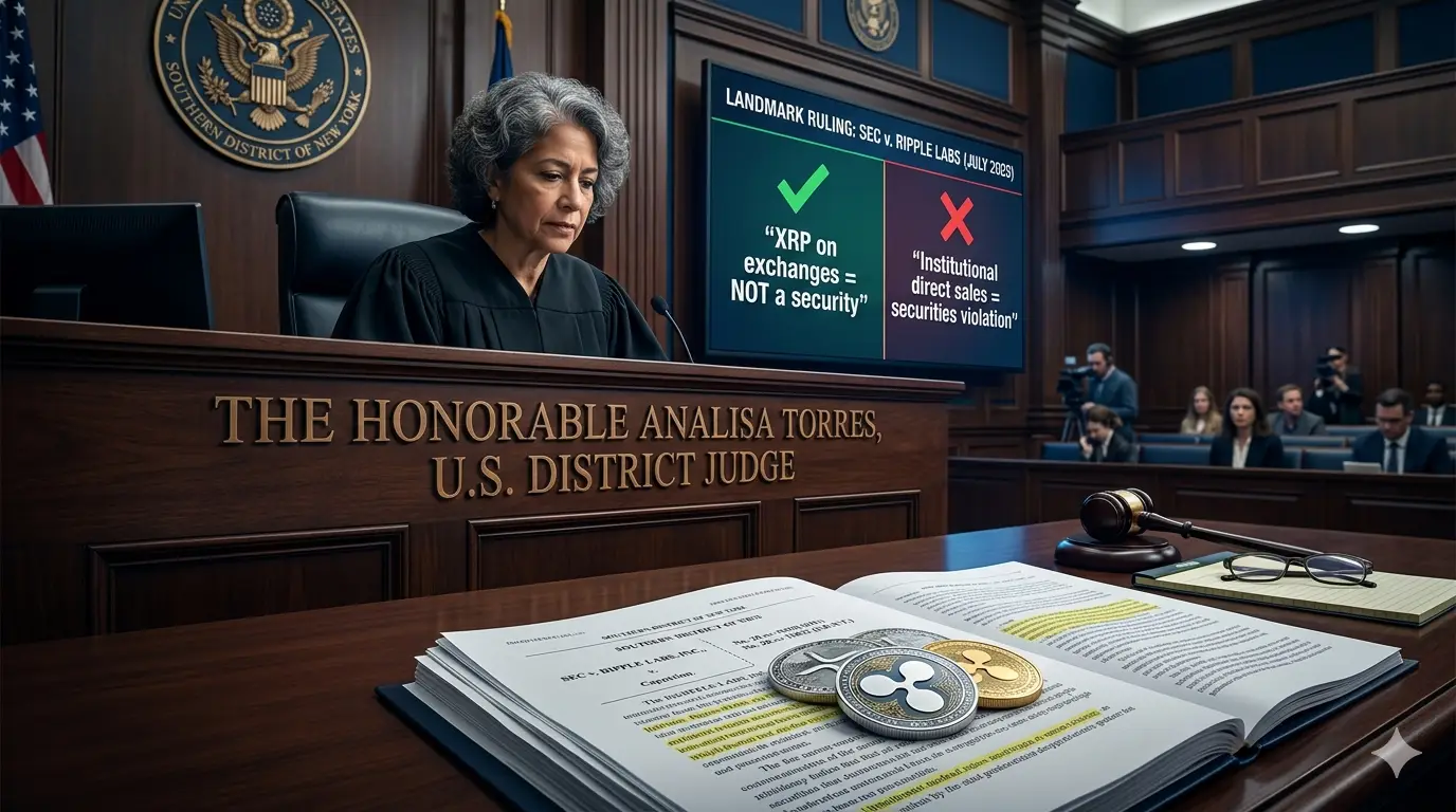 Fallo histórico julio 2023 caso Ripple vs SEC: Jueza Analisa Torres dictamina que XRP en exchanges NO es security — solo ventas institucionales directas violaron la ley