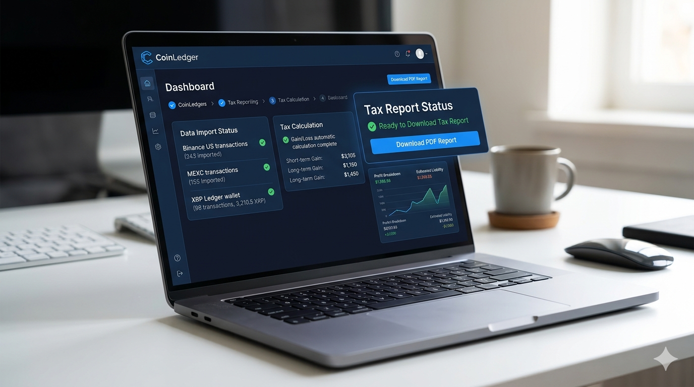 CoinLedger software impuestos en criptomonedas 2026: importa historial de Binance US, MEXC y XRP Ledger, calcula ganancias automáticamente y genera reportes fiscales listos para contador