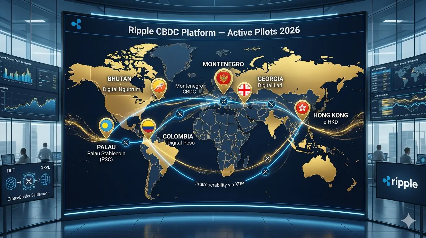Países con pilotos CBDC de Ripple 2026: Bután, Palau, Montenegro, Colombia, Georgia y Hong Kong — más de 6 bancos centrales usando la plataforma CBDC de Ripple activamente