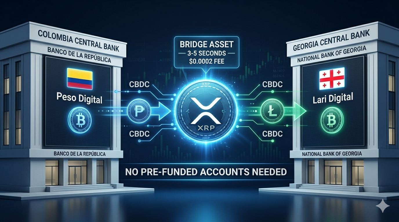 XRP como puente entre CBDCs: peso digital colombiano se convierte a XRP en segundos, viaja por XRP Ledger y llega como lari digital georgiano — sin cuentas pre-fondeadas ni intermediarios