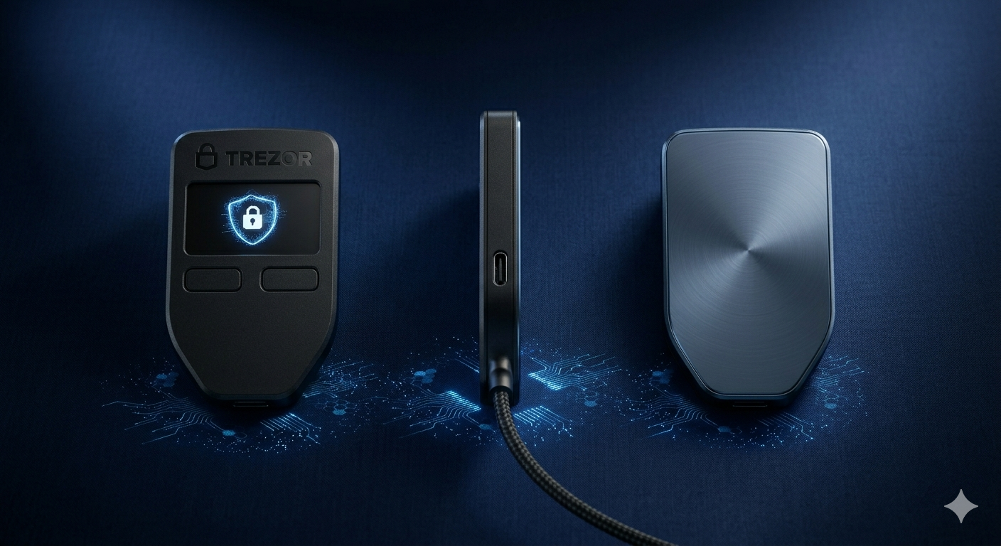 Trezor Safe 3 especificaciones técnicas 2026: pantalla OLED monocromática, chip EAL6+, conexión USB-C, dimensiones 59x32x7.4mm, peso 14g, back panel de aluminio