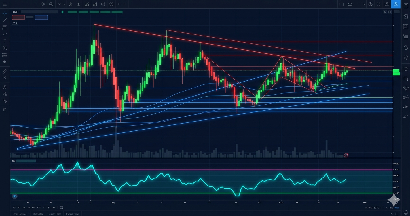 Análisis técnico de XRP 2026: gráfico candlestick con niveles de soporte $1.36 y resistencia $1.47, RSI en zona neutral 50, medias móviles EMA 50 y EMA 200 como referencia