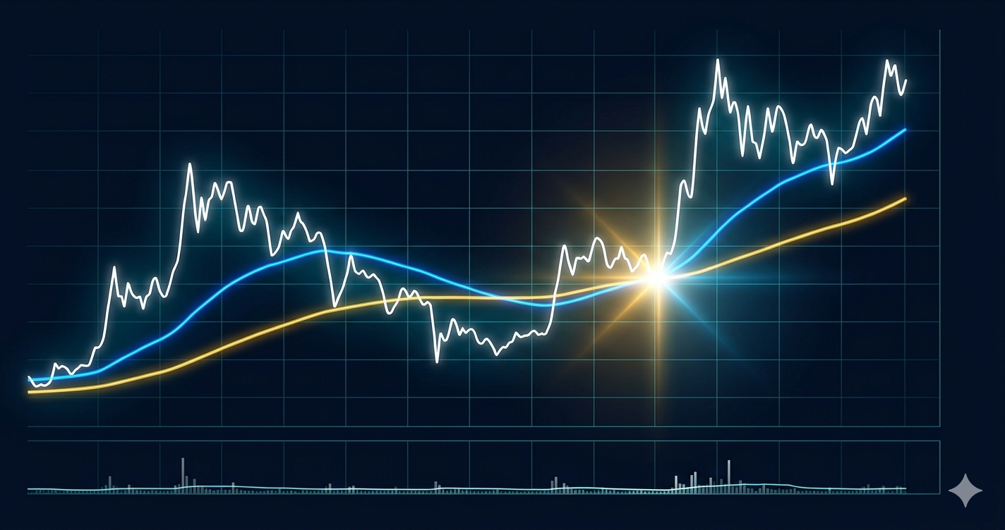 Medias móviles análisis técnico XRP 2026: EMA 50 y EMA 200 como soporte y resistencia dinámicos, golden cross alcista y death cross bajista explicados con gráfico XRP