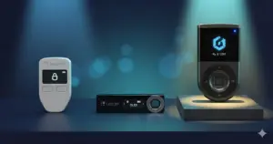 comparativa wallets hardware XRP 2026: D'CENT Biometric Wallet vs Ledger Nano X vs Trezor Safe 3 sobre fondo oscuro — cuál elegir para guardar XRP