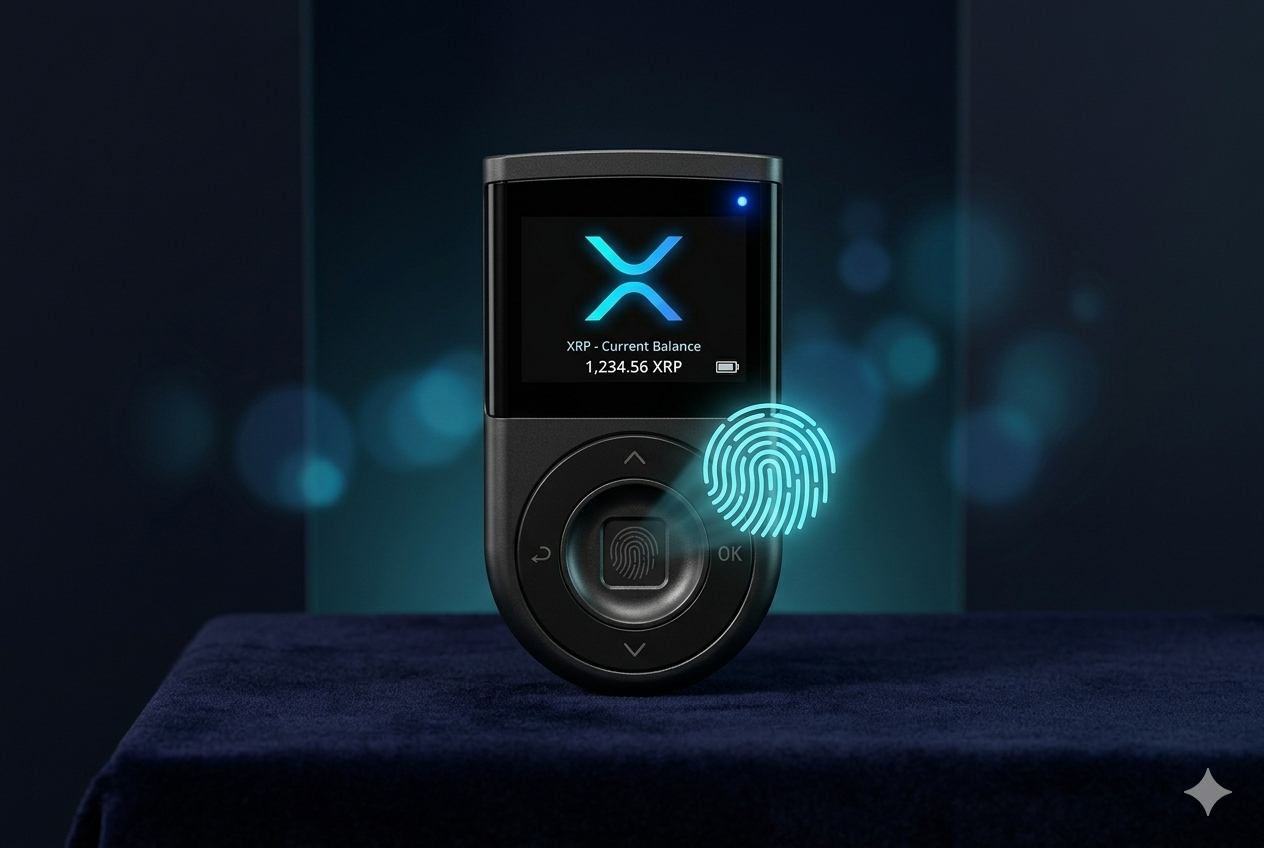 D'CENT Biometric Wallet hardware wallet para XRP 2026 — autenticación por huella dactilar, pantalla OLED, conectividad Bluetooth, autocustodia total