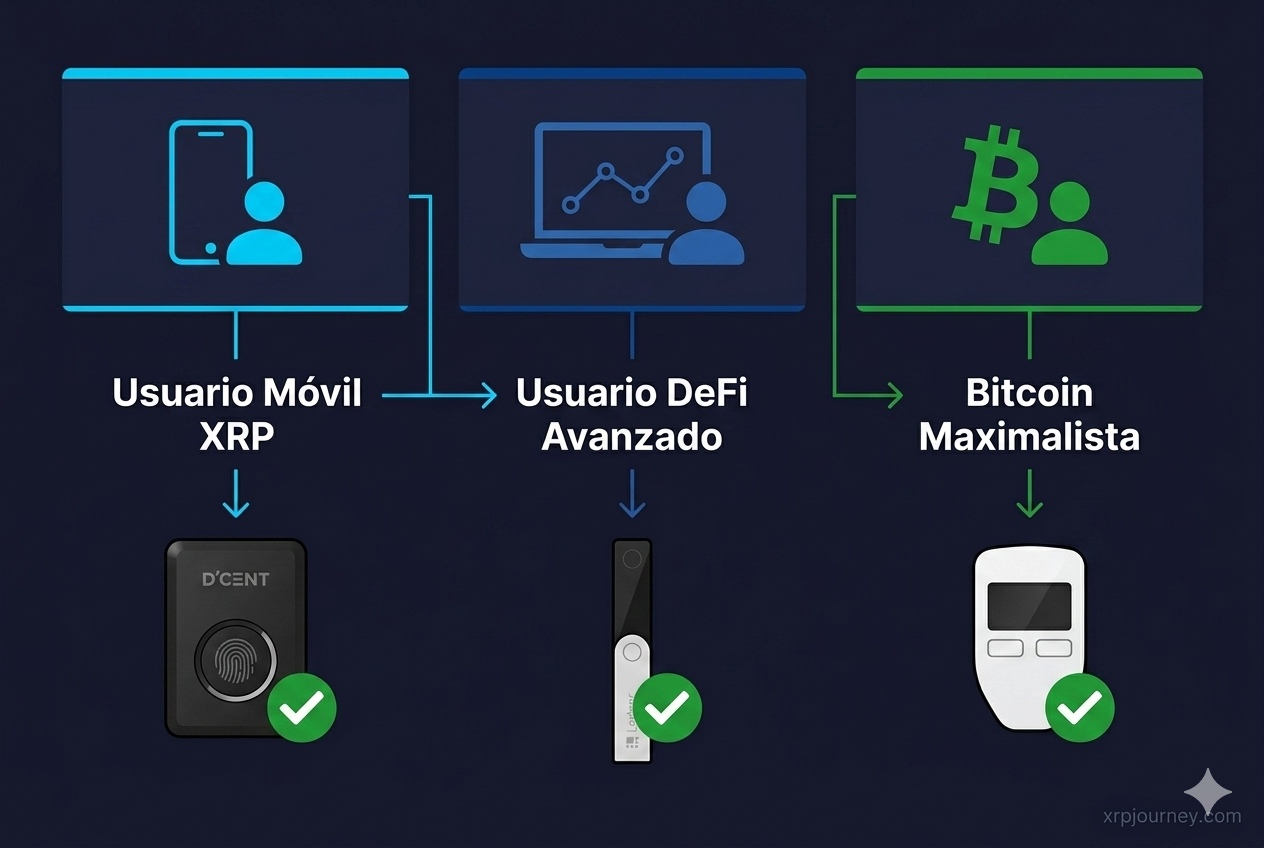 guía de decisión wallets hardware XRP 2026: D'CENT para usuarios móviles, Ledger para DeFi avanzado, Trezor Safe 3 para Bitcoin — cuál elegir según tu perfil