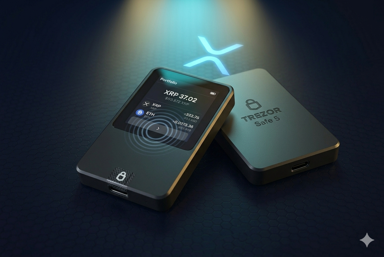 Trezor Safe 5 pantalla táctil color 2026 — display 1.54 pulgadas Gorilla Glass 3 con feedback háptico para gestionar XRP y criptomonedas en autocustodia