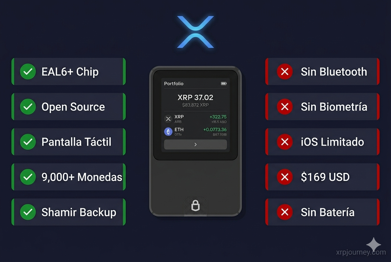 Trezor Safe 5 pros y contras 2026 — ventajas: chip EAL6+, open source, pantalla táctil; desventajas: sin Bluetooth, sin biometría, app iOS limitada