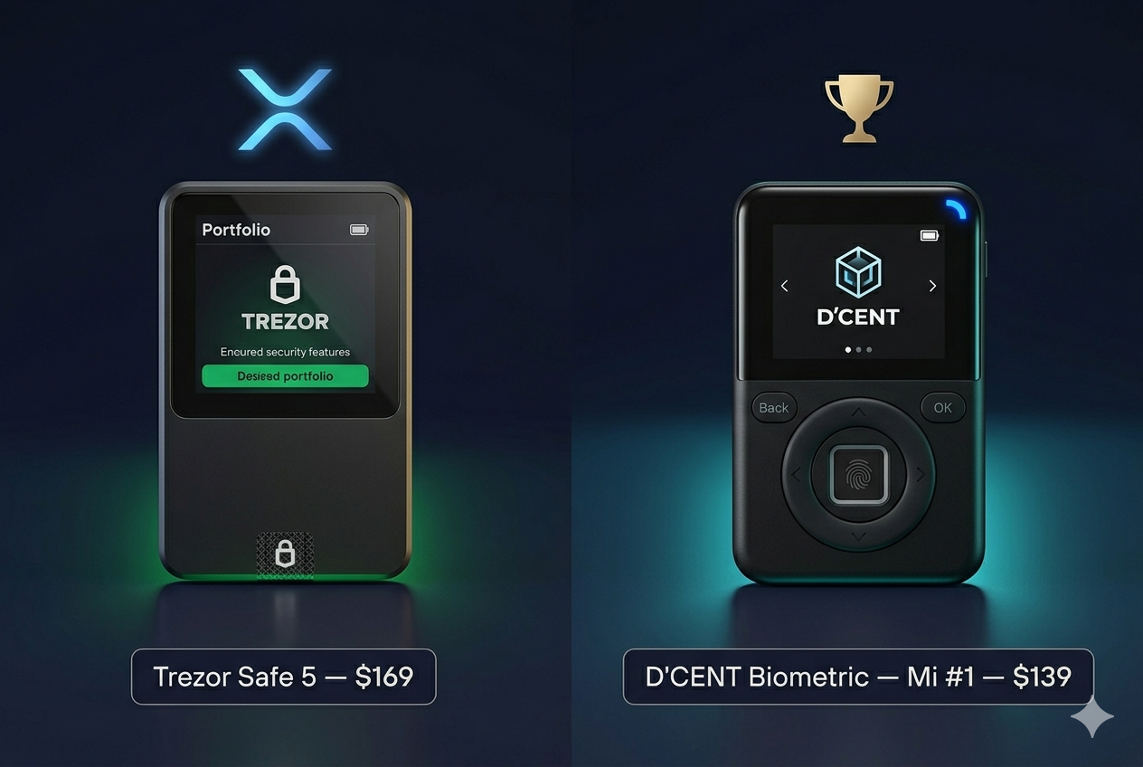 Trezor Safe 5 vs D'CENT Biometric Wallet comparativa 2026 — cuál es el mejor hardware wallet para guardar XRP: precio, biometría, Bluetooth y app iOS