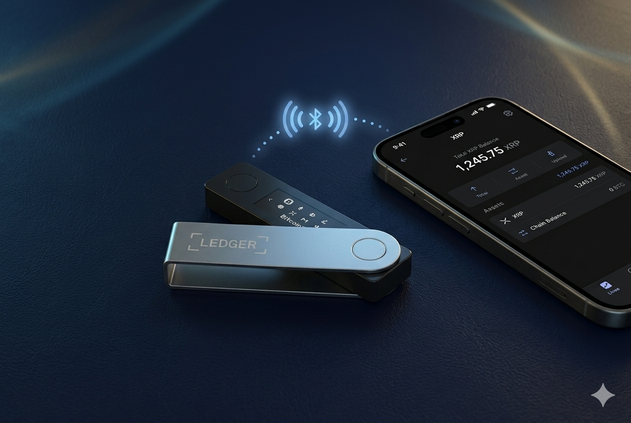 Ledger Nano X — Diseño y conectividad Bluetooth Ledger Nano X Bluetooth 2026 — conectividad inalámbrica con iPhone via Ledger Live para gestionar XRP sin cables desde el móvil
